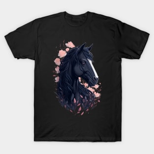 Black Horse with Flowers T-Shirt